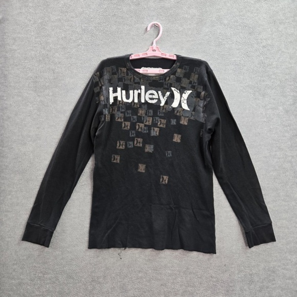 Hurley Men‎ Shirt Small Black Logo Graphic Waffle Knit Crew Neck Long Sleeve Tee